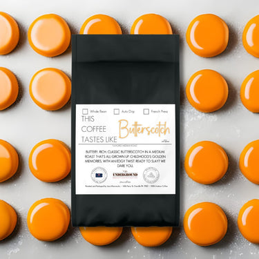 Butterscotch-flavored medium roast coffee in a stylish package.